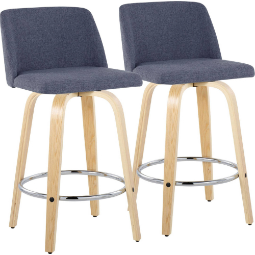 Toriano 26" Swivel Counter Stool in Natural Wood & Blue Fabric with Chrome Footrest (Set of 2)